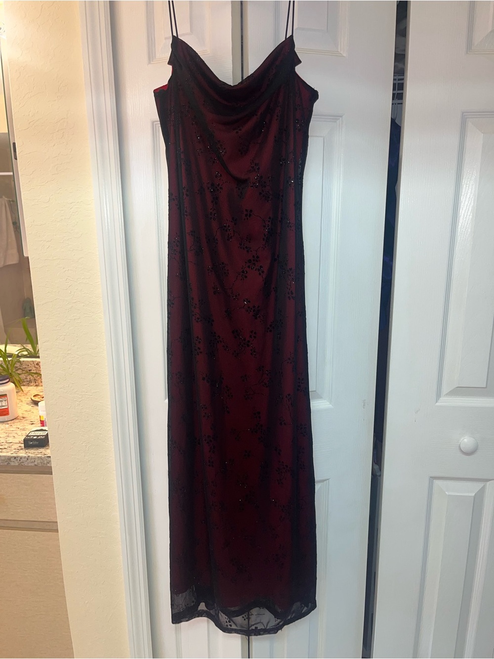 Red and Black Beaded Evening Gown